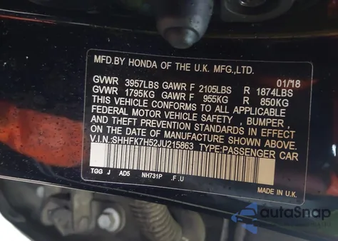 2018 Honda Civic Ex из США, поврежденный, VIN SHHFK7H52JU215863